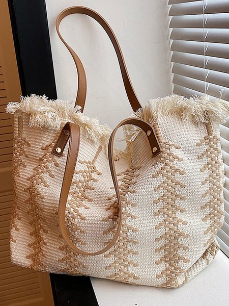 

Straw Fringed Large Capacity Tote Beach Bag, Off white, Bags