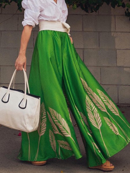 

High Waist Vacation Leaf Fashion Wide leg Pants, Green, Pants