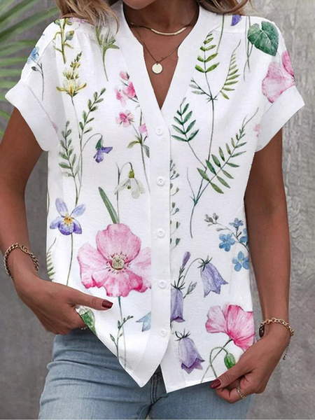 

Notched Short Sleeve Floral Regular Loose Blouse For Women, White, Shirts