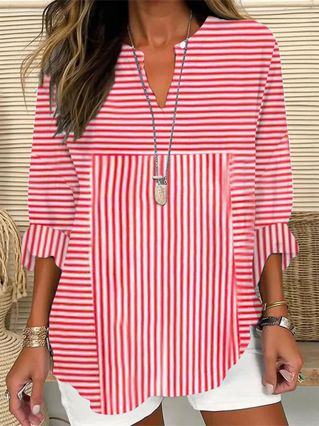 

Notched Long Sleeve Striped Regular Loose Shirt For Women, Red, Blouses