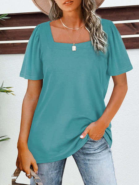 

Square Neck Short Sleeve Plain Regular Micro-Elasticity Loose Shirt For Women, Green, Blouses