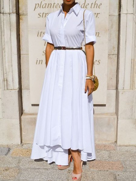 

Plain Shirt Collar Urban Loose Dress, White, Maxi Dresses