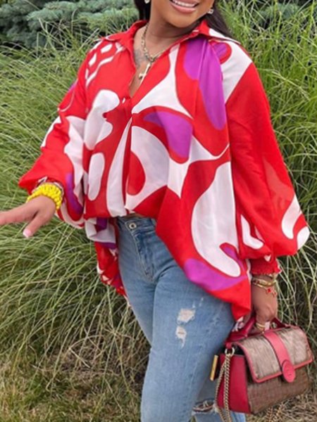

Abstract Loose Urban Shirt Collar Blouse, Red, Blouses and Shirts