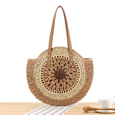 

New simple round shoulder straw bag hollow handwoven bag seaside beach fashion women's bag, Deep brown, Bags