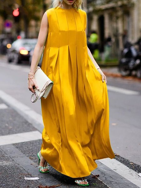 

Plain Urban Crew Neck Long Dress, Yellow, Maxi Dresses