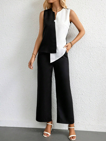 

Loose Notched Casual Two-Piece Set, Black, Suit Set
