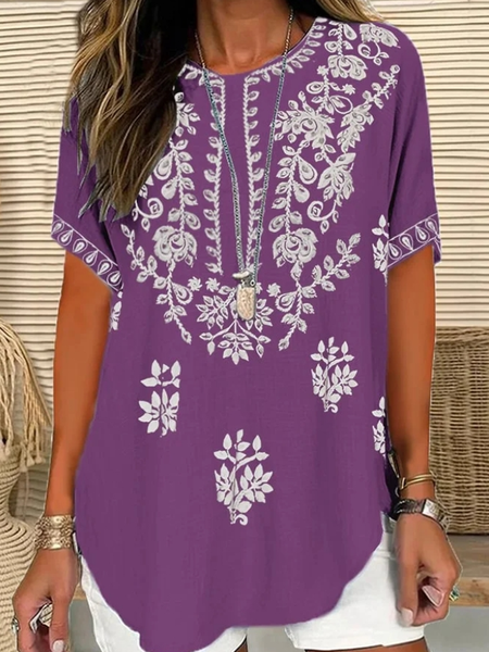 

Crew Neck Short Sleeve Ethnic Zipper Regular Loose Shirt For Women, Purple, Blouses