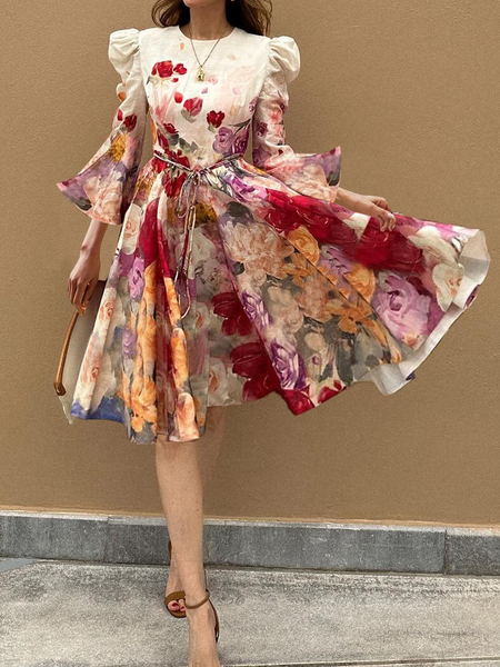 

Elegant Crew Neck Three Quarter Sleeve Loose Floral Short Dress With Belt, As picture, Mini Dresses