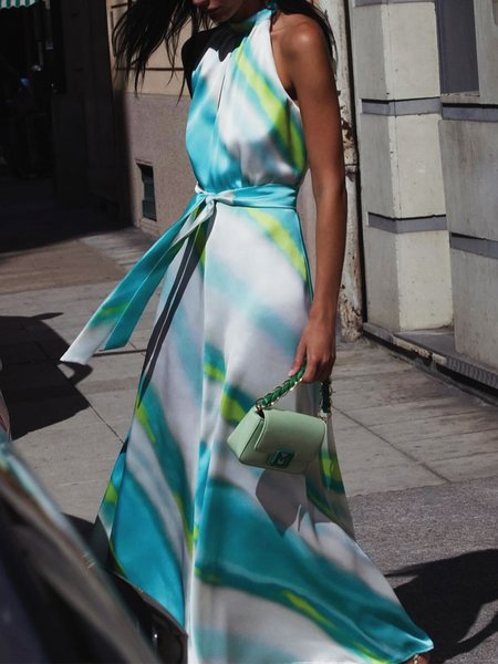 

Regular Fit Elegant Abstract Plaid Dress With Belt, As picture, Maxi Dresses