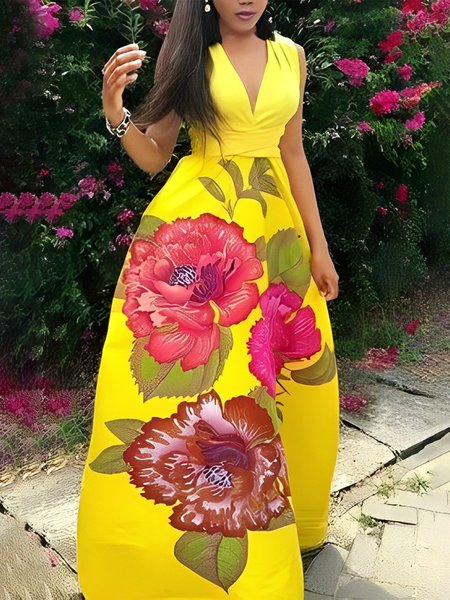 

Elegant Floral V Neck Regular Fit Sleeveless Maxi Dress, Yellow, Maxi Dresses