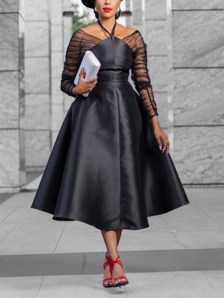 

Elegant Halter Plain Regular Fit Midi Dress, Black, Midi Dresses