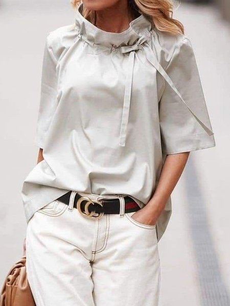 

Stand Collar Plain Urban Loose Shirt, As picture, Blouses and Shirts