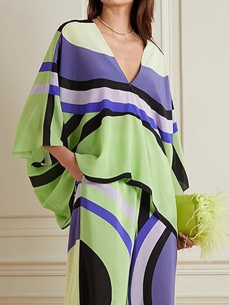 

Casual Oversize Geometric V Neck Shirt, As picture, Blouses and Shirts