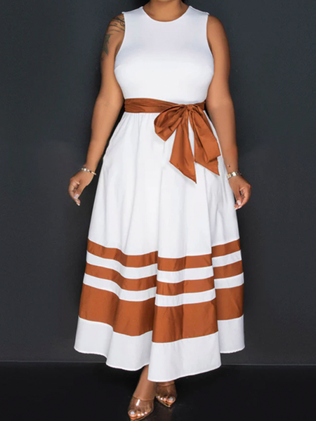 

Medium Elasticity Elegant Crew Neck Color Block Regular Fit Dress With Belt, White, Maxi Dresses