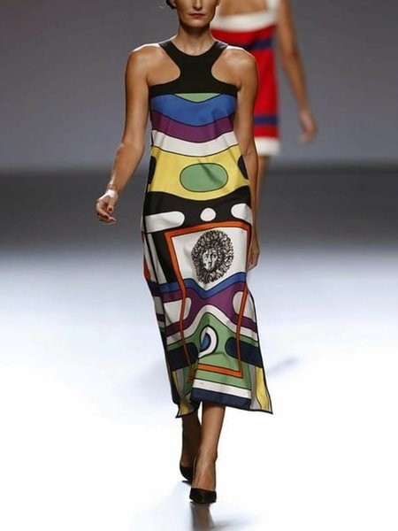 

Abstract Graphic Halter Urban Midi Dress, As picture, Midi Dresses