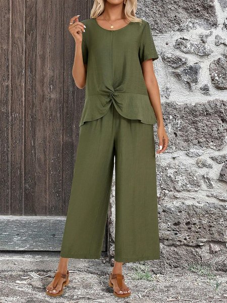 

Casual Crew Neck Loose Ruched Two-Piece Set, Green, Suit Set