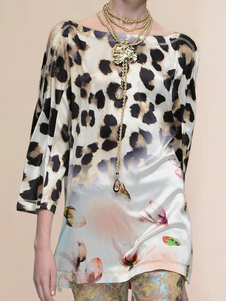 

Leopard Elegant Loose Crew Neck Shirt, As picture, Blouses and Shirts
