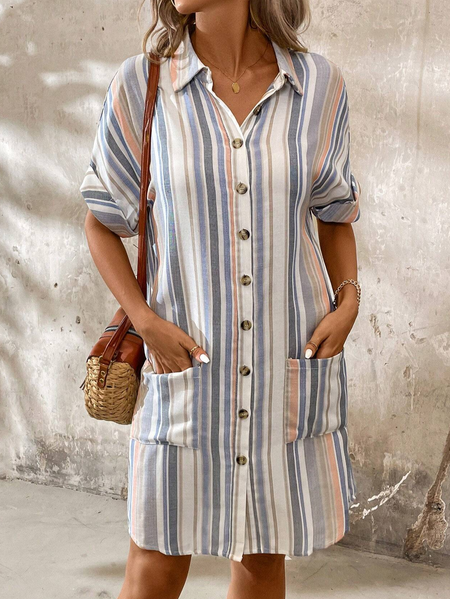 

Loose Striped Shirt Collar Casual Dress, Gray, Dresses