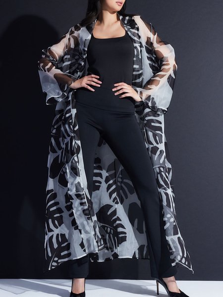 

Shawl Collar Urban Leaf Loose Kimono, Black-white, Kimonos