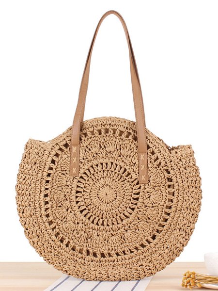 

Summer Hollow Design Round Woven Women's Shoulder Straw Beach Bag, Camel, Bags
