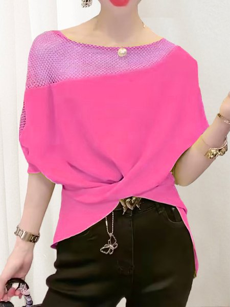 

Plain Casual Crew Neck Loosen Shirt, Rose red, Blouses and Shirts