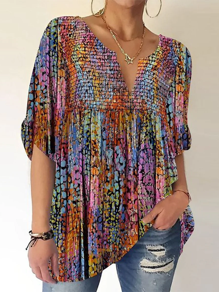 

Notched Short Sleeve Random Print Scramble Regular Loose Shirt For Women, Multicolor, Blouses