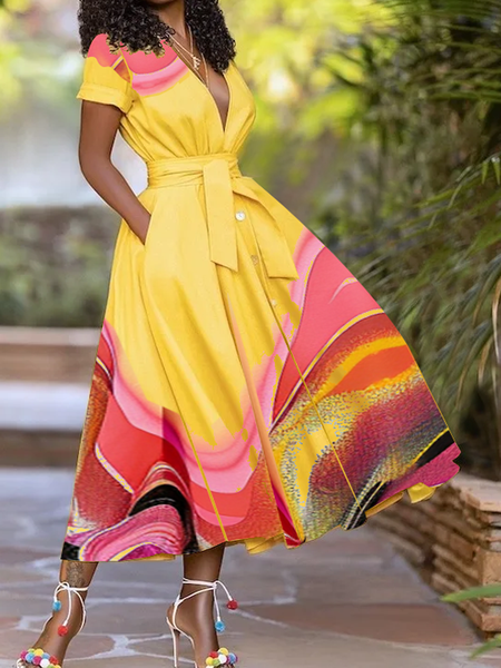 Regular Fit Urban Shirt Collar Short Sleeve Midi Dress With Belt, Yellow, Midi Dresses