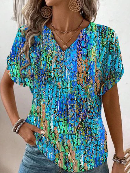 

V Neck Short Sleeve Random Print Regular Loose Shirt For Women, Blue, Blouses