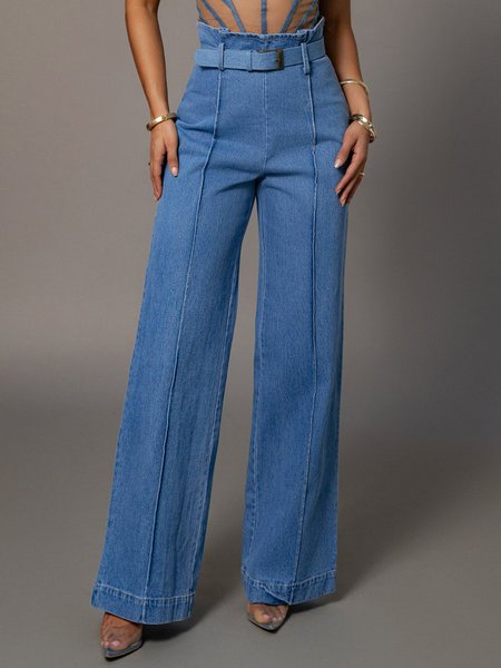 

High Waist Plain Casual Denim Wide Leg Jeans, Blue, Jeans