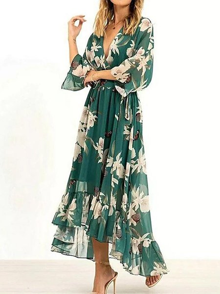 

Floral Regular Fit Elegant Dress With Belt, Dark green, Dresses