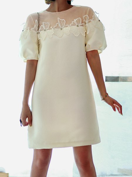 

Regular Fit Elegant Plain Crew Neck Dress, Beige, Mini Dresses