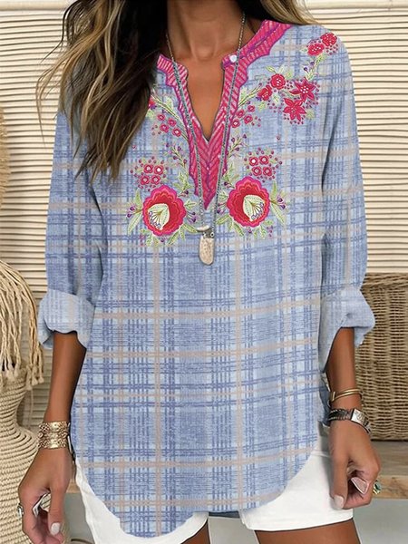 

Notched Long Sleeve Plaid Regular Loose Shirt For Women, Blue, Blouses