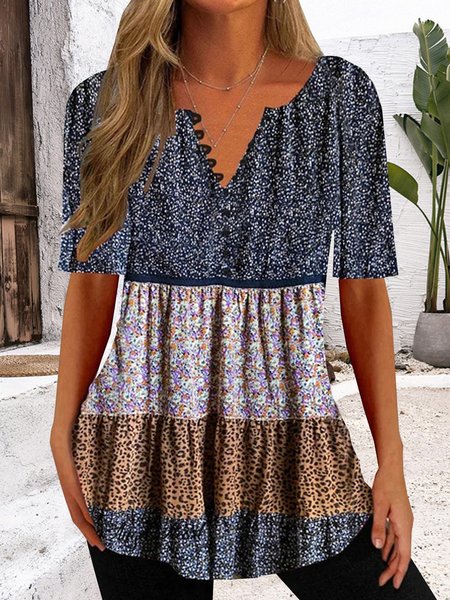 

Notched Three Quarter Sleeve Floral Buckle Regular Loose Shirt For Women, Multicolor, Blouses