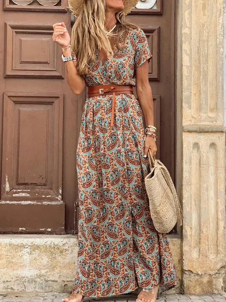 

Women Ethnic Crew Neck Short Sleeve Comfy Vintage Maxi Dress, Khaki, Dresses