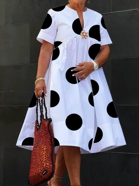 Urban Polka Dots Loose Midi Dress, White, Midi Dresses