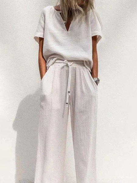 

Women's Cotton Two Piece Sets White Summer V Neck 2 Piece Sets, Suit Set