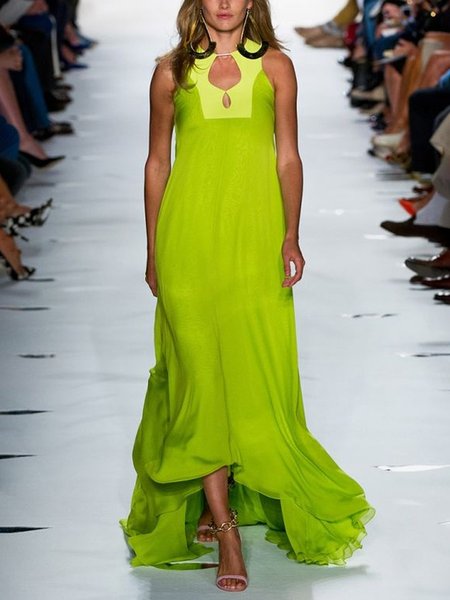 

Sleeveless Loose Vacation Color Block Maxi Dress, Green, Maxi Dresses
