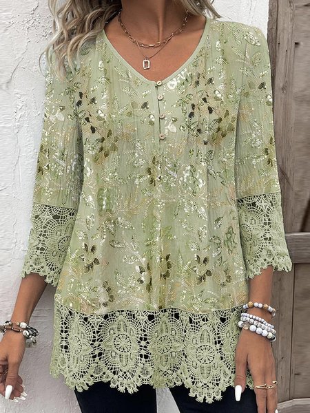 

Crew Neck Three Quarter Sleeve Floral Lace Regular Loose Shirt For Women, Green, Blouses