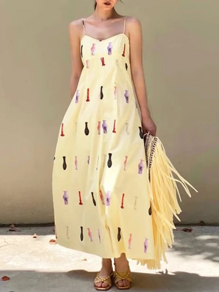 

V Neck Print Vacation Loose Slip Dress, Yellow, Maxi Dresses