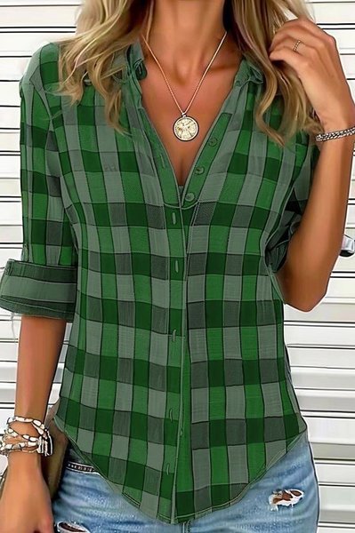 

Plaid Casual Regular Fit Blouse, Green, Shirts & Blouses