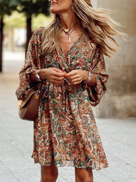 

Women Paisley V Neck Long Sleeve Comfy Vintage Short Dress, Brown, Dresses