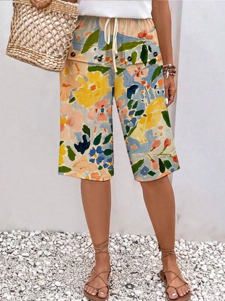 

Casual Floral Fifth Pants Pant, Yellow, Pants