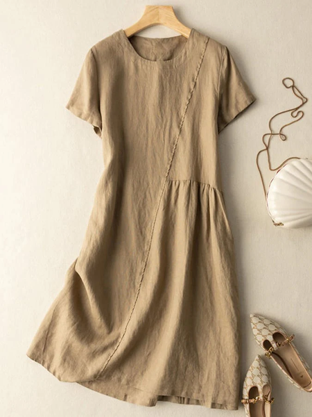 

Loose Crew Neck Casual Dress With No, Khaki, Maxi Dresses