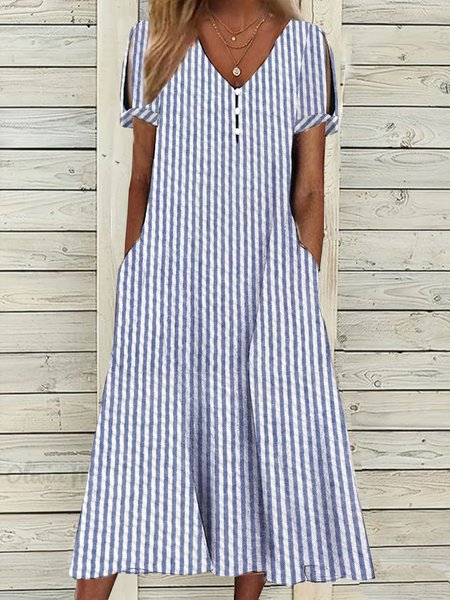 

Women Striped Crew Neck Short Sleeve Comfy Casual Maxi Dress, Blue, Dresses