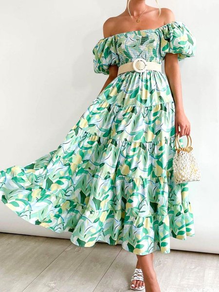 

Botanical Pattern Vacation Lantern Sleeve Dress, Green, Maxi Dresses