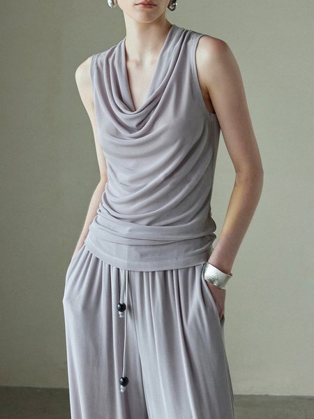 

Plain Daily Sleeveless Cowl Collar Tank Top, As picture, Tanks and Camis