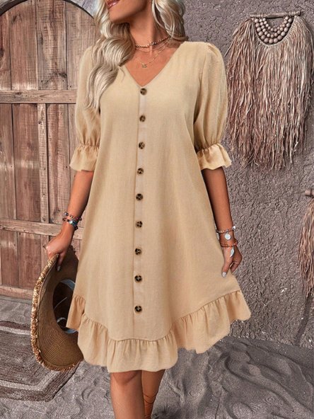 

Casual Loose Cotton Dress With No, Khaki, Midi Dresses