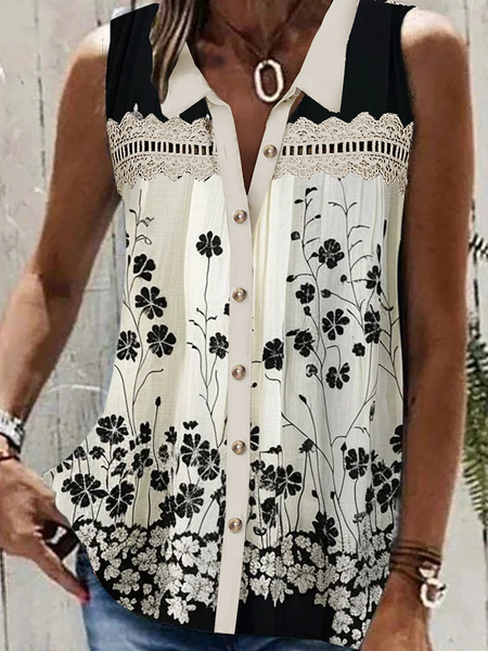 

Women's Sleeveless Tank Top Camisole Summer Floral Buttoned Shirt Collar Holiday Going Out Casual Top, Apricot, Tanks & Camis