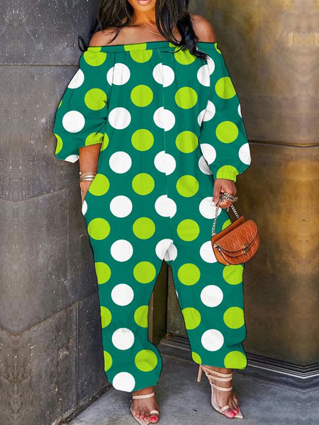 

Loose Cold Shoulder Long Sleeve Polka Dots Casual Jumpsuit, As picture, Jumpsuits