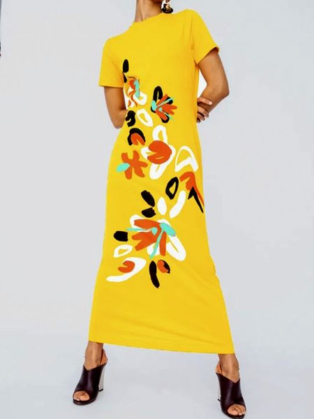 

Regular Fit Crew Neck Casual Floral Dress, Yellow, Maxi Dresses